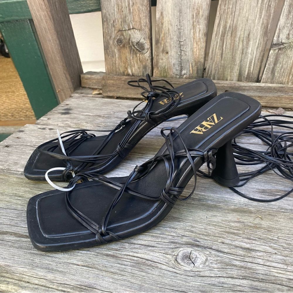 Zara black tied heel leather sandals size 7